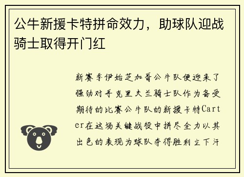 公牛新援卡特拼命效力，助球队迎战骑士取得开门红